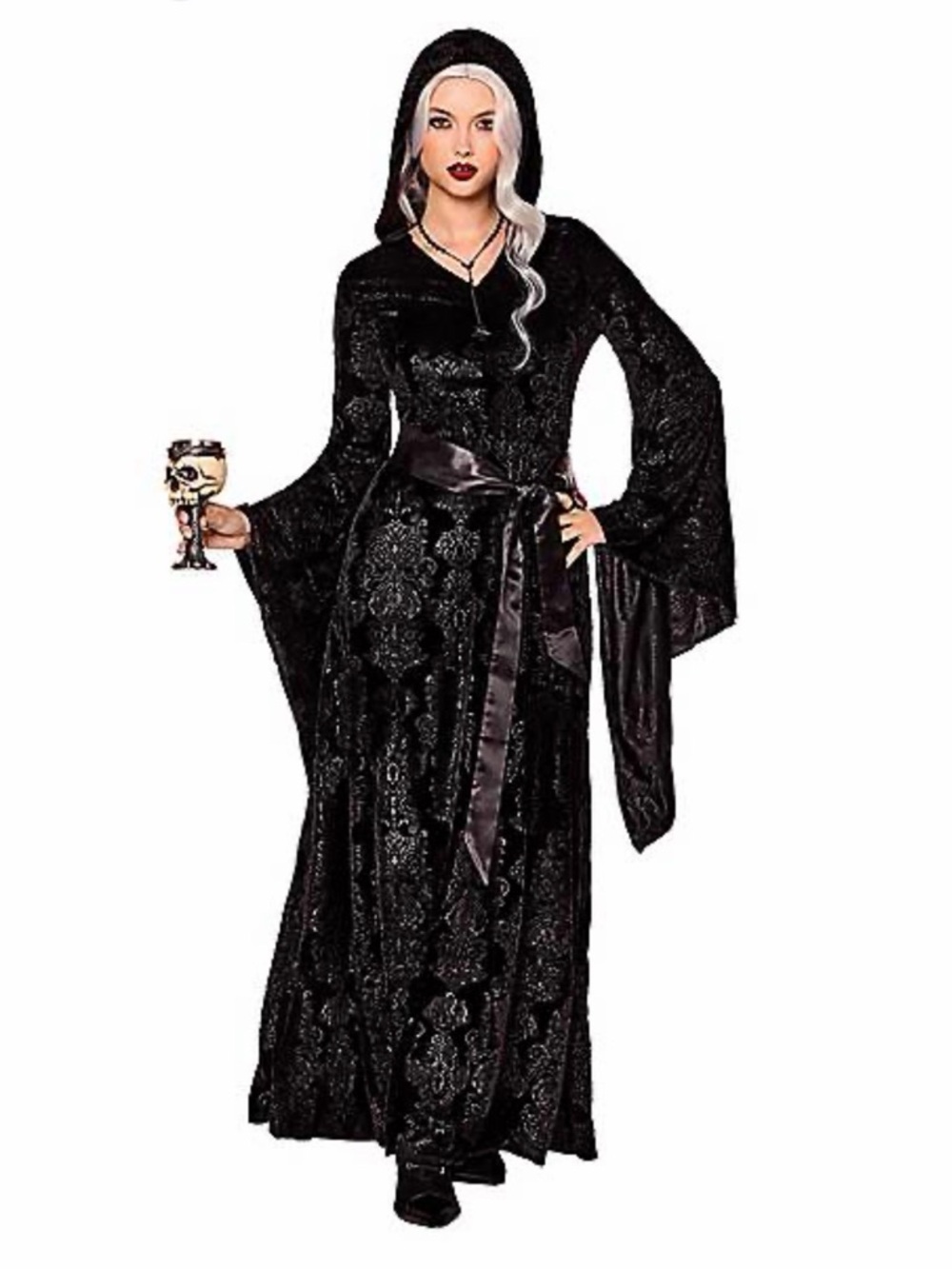 Spirit Black Velvet Hooded Gown with Bell Sleeves